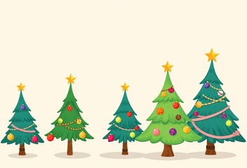 Whimsical cartoon Christmas trees with bright ornaments & star toppers on beige background,  xmas,  whimsical