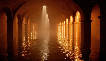 Subterranean Golden Hallway With Water Reflections