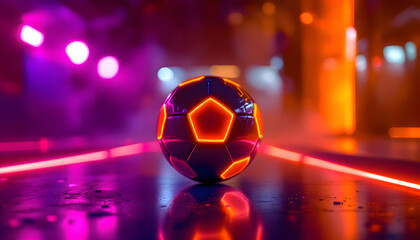 Futuristic soccer ball glows with vibrant neon energy on a wet, reflective surface amidst club lights