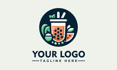 Refreshing bubble tea logo design featuring fruit and mint accents.