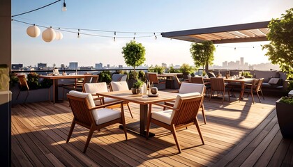 Fototapeta premium Outdoor Rooftop Dining with City Views and Wooden Decking