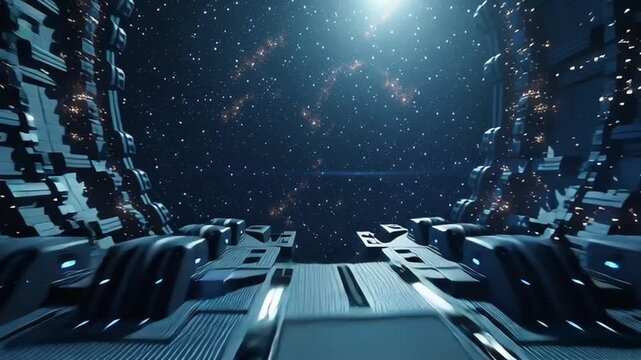 cinematic 4K space scene, spacecraft flying glowing interstellar Silk Road, ancient space gates nebulae, trading ships alien goods, galaxies distance, glowing auroras ripples, dark sci-fi color 4k