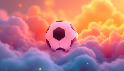 Dreamy soccer ball floats amidst vibrant clouds, inspiring passion and aspiration for the game.