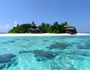 Obraz premium Crystal clear water surrounding tropical island with bungalow in maldives