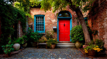 Photo of a red door in front of a brick house with a blue window and a cobblestone street