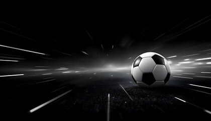 Dynamic soccer ball in motion with streaks of light on dark background, capturing speed and action
