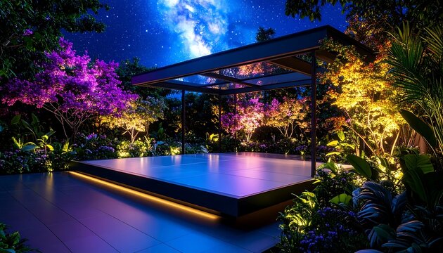Outdoor Stage in Illuminated Garden at Night with Starry Sky Backdrop
