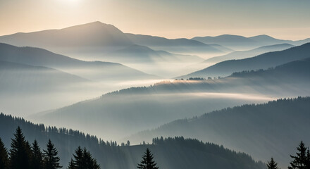 Fototapeta premium Majestic Sunrise: Misty Mountain Landscape Photography