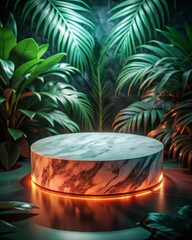 marble podium with tropical plants in the background