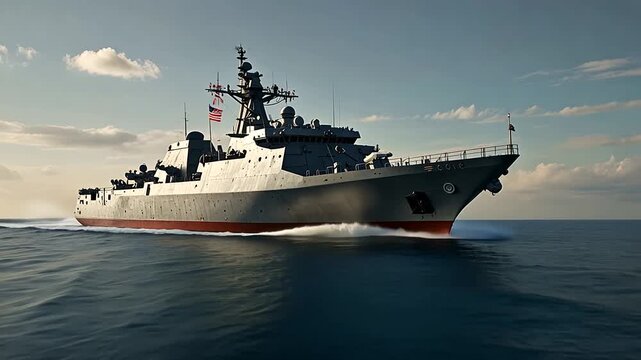 Photo of USS latest technology nuclear powered aircraft carrier anchored in deep blue open ocean