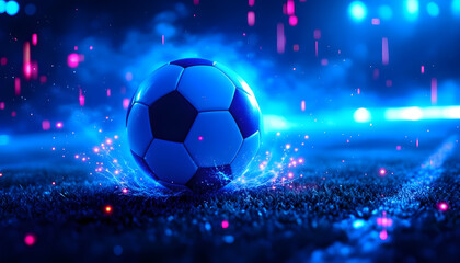 Dynamic soccer ball glows with electric energy on a vibrant neon-lit stadium field