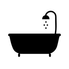 Vector illustration of black silhouette of a classic bathtub with a shower head and water drops, symbolizing bathing and relaxation, isolated on white background