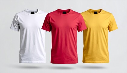 Three vibrant t-shirts: white, red, and yellow, displayed against a soft gray backdrop