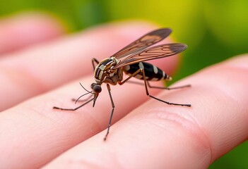 Obraz premium Close-up of mosquito on hand, blood-sucking parasite, yellow fever, outdoor