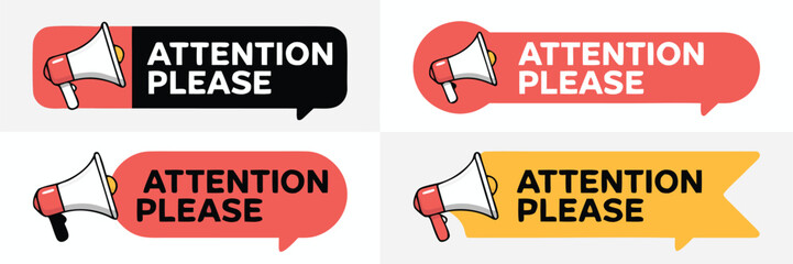 Four Cartoon Attention Please Banners with Megaphone Icons in Black, Red, and Yellow Colors