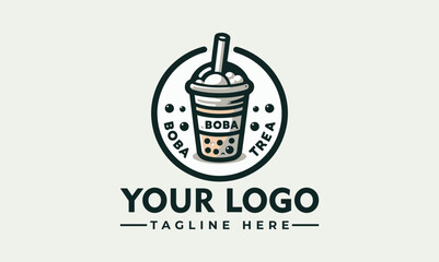 Illustration of a boba tea cup with a straw, surrounded by a circle with the words 