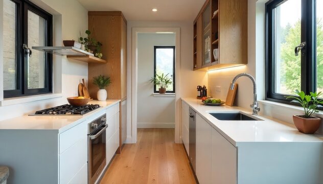 A modern, galley-style kitchen with sleek countertops and stainless steel appliances Perfect for small spaces, this design maximizes functionality and style , sink, kitchen layout