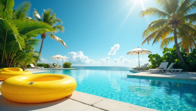 Tropical infinity pool with ocean view and yellow float on a sunny day
