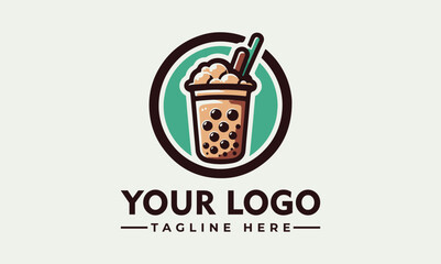 A stylized logo design featuring a bubble tea cup inside a circular frame, ready for branding.