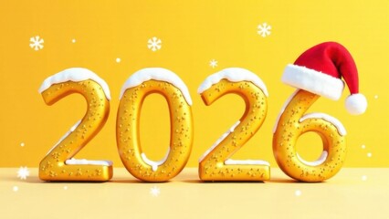 2026 sign, Happy New Year holiday card, 3d numbers on yellow background with snow and Christmas cap for calendar