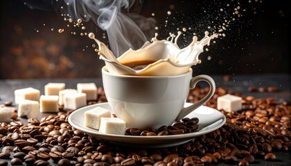 Coffee splash with milk with cup, beans, and and sugar Food drink.