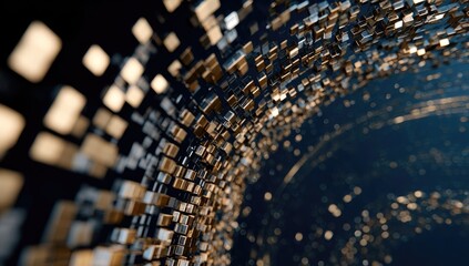 Abstract digital cubes swirling in a dark background