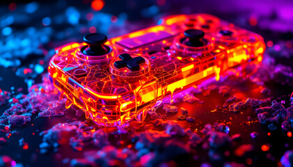 Experience intense gaming with a vibrant, glowing transparent controller, immersed in neon light and digital sparks.