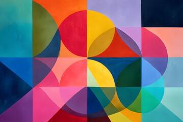 Vibrant geometric composition of overlapping colorful circles and squares creating a modern abstract design with dynamic visual appeal
