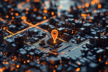 City map, technological, orange marker, focused