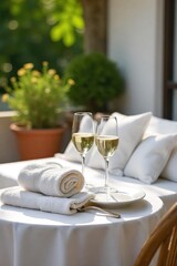 Fototapeta premium A serene scene of crisp white linens, fluffy towels, and sparkling glassware on a sun-drenched patio, embodying the essence of relaxed luxury and quality time , outdoor, detail, home
