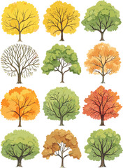 Obraz premium Seasonal deciduous tree collection, autumn and summer foliage set, hand-drawn natural vector, fall color tree illustration, landscape greenery elements pack