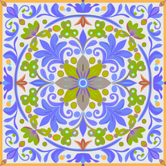 Colorful floral mandala tile pattern with ornamental symmetry in vibrant blue, green, and red tones. Decorative bohemian-style design suitable for print or digital use.