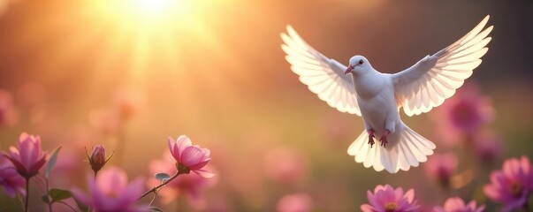 A single white dove taking flight against a softly blurred background of flowers and a gentle sunrise, symbolizing hope and peace after loss , comfort, soul
