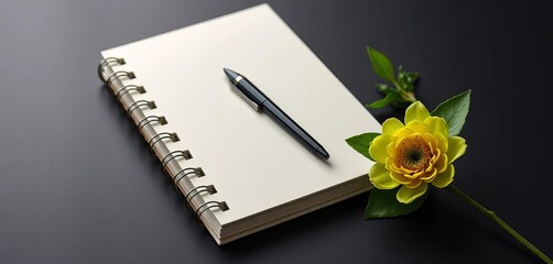 Elegant notebook, pen, green flower, dark backdrop, stationary, item