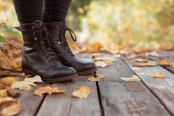 Vintage Leather Boots on Rustic Wood Deck with Fall Leaves and Shallow Focus
