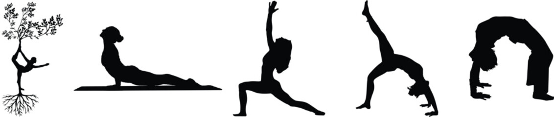 Women exercising for body stretching. Women practicing yoga in various poses for Peaceful wellness and mindfulness Workout in relaxation and sleep concept Silhouettes Woman of yoga poses