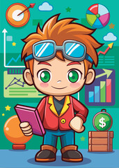 Naklejka premium Young boy in business attire standing confidently in a modern. technological setting. He is holding a notepad and smiling confidently in a classroom office environment.