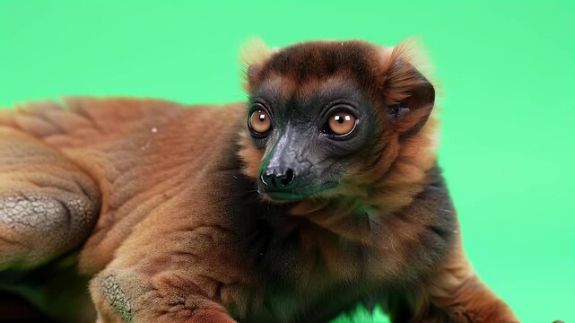 Striking Red Ruffed Lemur Portrait Against a Vibrant Green Studio Background, Capturing its Curious Gaze and Unique Fur Texture