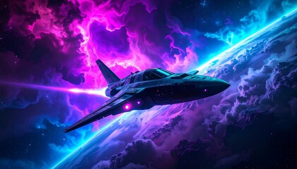 Fototapeta premium Futuristic spaceship through vibrant cosmic clouds