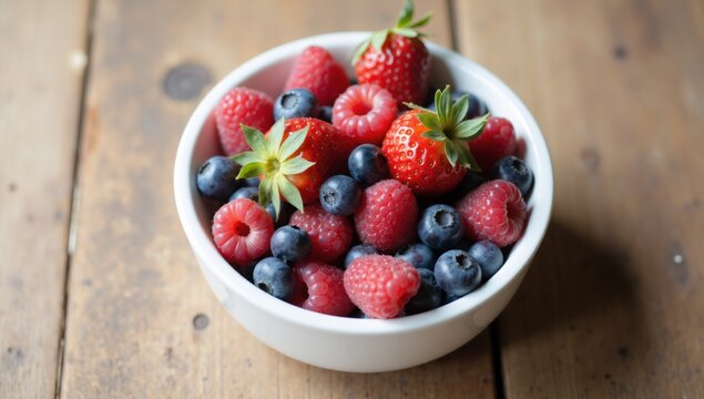 Fresh mixed berries in a white bowl on a rustic wooden table.