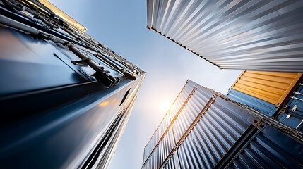 Fototapeta premium Artistic perspective of multi-level shipping containers container yard photography urban environment upward view industrial design