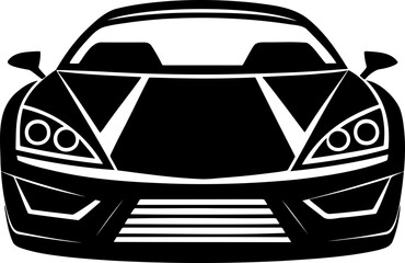 Illustration of a sleek black sports car facing forward with detailed headlights and grill design element