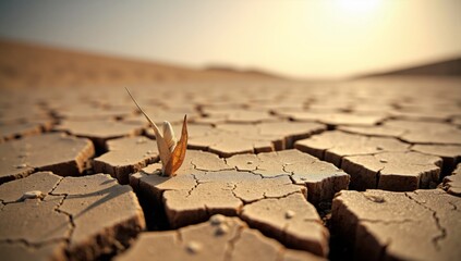 Obraz premium Small plant growing in cracked dry earth under a harsh sun