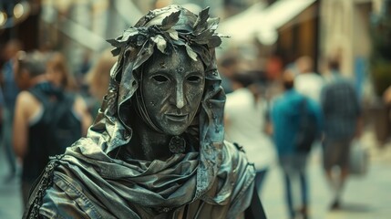 Fototapeta premium A silver-clad street performer, resembling a statue, stands amidst a bustling crowd, blending art and urban life.