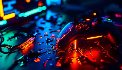 Immersive gaming experience with vibrant neon lights and futuristic controller glow