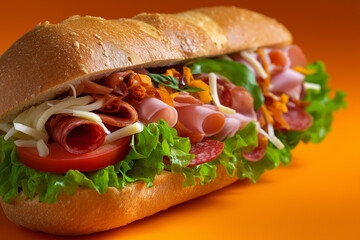 an italian sub sandwich, shredded lettuce, tomatoes, salami, ham, capicolla, provalone, straight on, high angle shot, photo, isolated on orange background