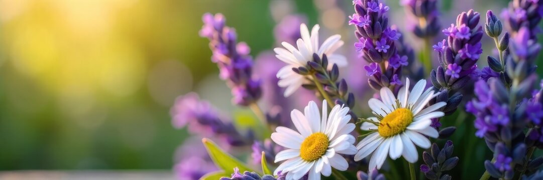 Close-up of a bouquet of lavender, chamomile, and other calming herbs, emitting a soft, relaxing fragrance The gentle light enhances the mellow aroma , herbal, herbs, scent