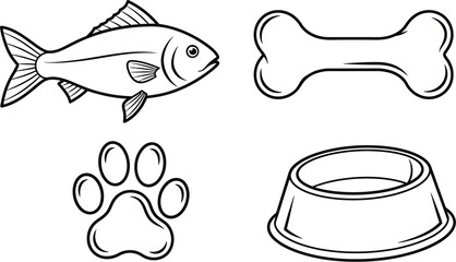 Naklejka premium Illustration of pet icons including a fish, bone, paw, and bowl, perfect for animal lovers and petrelated designs