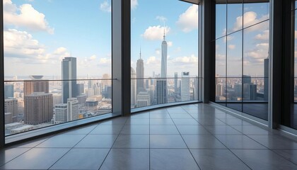 Fototapeta premium Empty square tiles on high-rise building floor, city view, city, view