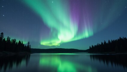 Vibrant Northern Lights over a serene lake with forest reflections at night
